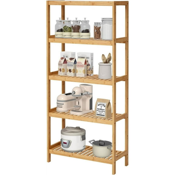 5 Tier Bamboo Shelf - Bamboo Utility Flower Plant Stand Rack Storage Sehlf, Multifunctional Adjustable Bookshelf for Bathroom, Kitchen, Office, Living Room, Corner Balcony and Bedroom