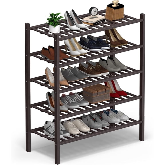 5 Tier Bamboo Shoe Rack Storage Organizer, Multifunctional Free Standing Stackable Shoe Shelf with Grid Panel for Closet,Hallway,Entryway,Small Space 27"x11"x32" (Brown, 5 Tier)