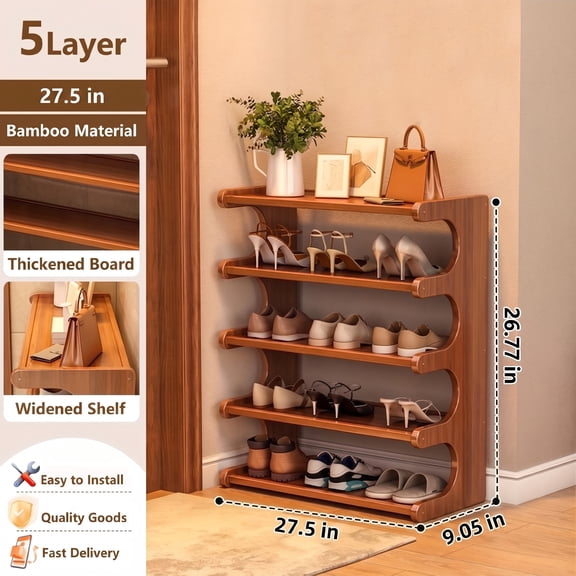 5-Tier Bamboo Shoe Rack Organizer, Multi-Tier Sturdy Shoe Storage Shelf for Entryway, Closet