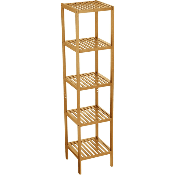 5-Tier Bamboo Standing Shelf, Narrow Square Storage Organizer Rack, Space-Saving Tower Shelf for Bathroom, Living Room, Kitchen and Plant Display