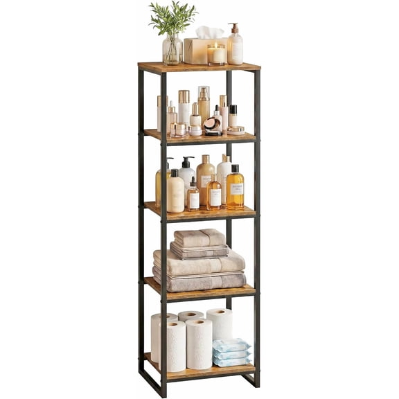 5-Tier Bathroom Shelving Unit, 47" H Narrow Open Floor Shelves, Metal Corner Slim Storage Rack for Bathroom Laundry Room Kitchen Living Room, Rustic Brown