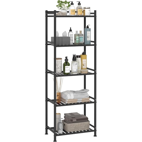 5 Tier Bathroom Storage Open Shelf Unit, Free-Standing Metal Corner Rack Shelving for Kitchen, Living Room, Hallway (Black, Wider 5 Tier)