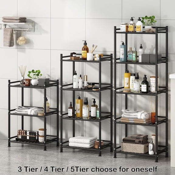 5 Tier Bathroom Storage Open Shelf Unit, Free-Standing Metal Corner Rack Shelving for Kitchen, Living Room, Hallway (Black, Wider 5 Tier)