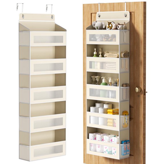5-Tier Beige Hanging Door Organizer, 5 Large Pockets 10 Mesh Side Pockets