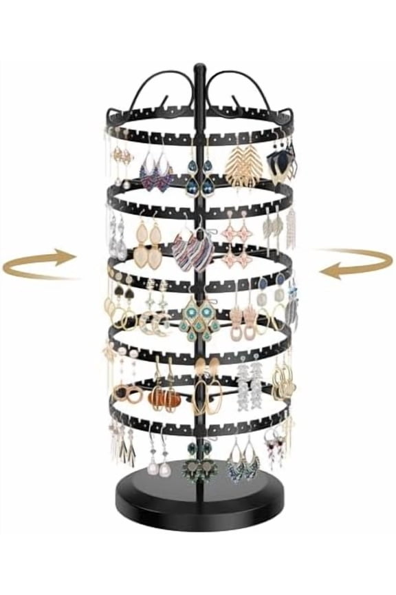 5 Tier Black Earring Holder Organizer Tree Women Display Storage for Stud and Hoop, Large Cool Rotating Clip Stand for Pierced and Dangle Earring, Vertical Metal Tower Carousel with 400 Holes