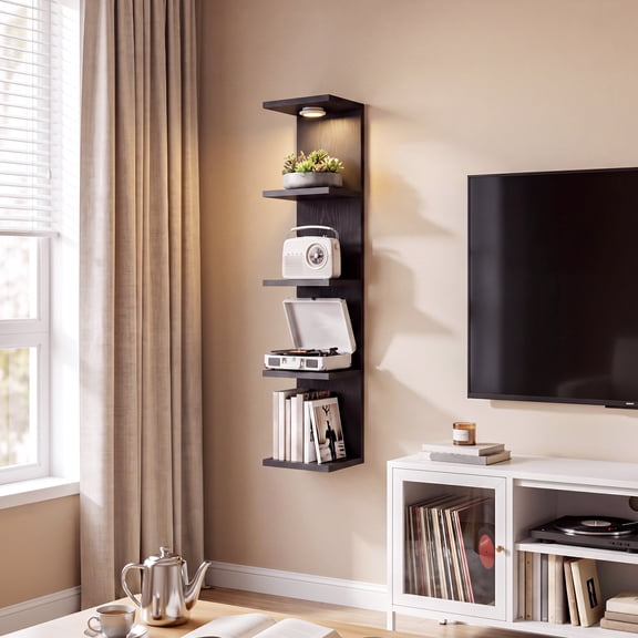 5-Tier Black Floating Wall Shelf with LED Lights, Heavy-Duty Load Bearing Modern Wall Mount Display Rack for Bedroom, Living Room, Bathroom Decor & Shoe Storage