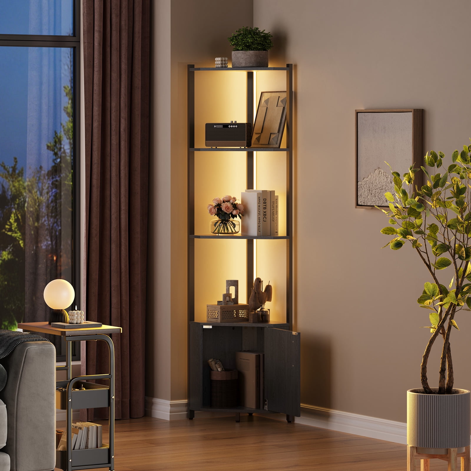 5-Tier Black LED Corner Shelf with Adjustable Brightness – Modern Space-Saving Wall Mounted Bookshelf with Doors & Metal Frame – Lighted Display Organizer for Living Room, Bedroom, Kitchen, Office