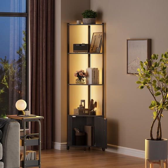 5-Tier Black LED Corner Shelf with Adjustable Brightness – Modern Space-Saving Wall Mounted Bookshelf with Doors & Metal Frame – Lighted Display Organizer for Living Room, Bedroom, Kitchen, Office