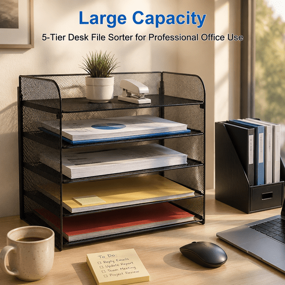 5-Tier Black Metal Mesh Desk File Organizer, Stackable Letter Paper Document Sorter Tray for Office Paper, Folders, Notebooks & Desktop Workspace Storage