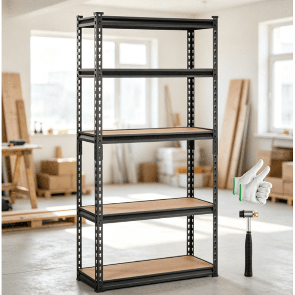 5-Tier Black Metal Storage Rack, Adjustable Boltless Utility Shelving Unit, 27.5×12×60 Inch Freestanding Organizer, Ideal Storage for Garage, Shed, Basement & Warehouse