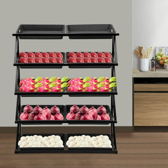 5-Tier Black Retail Display Rack 59" Fruit Vegetable Snack Basket Set w/ 10 Bins