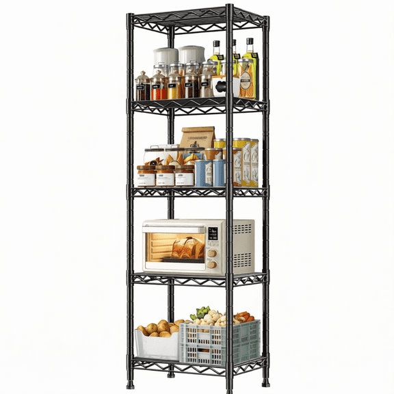 5 Tier Black Wire Shelving Unit, 15.8 Inch Wide Adjustable Storage Rack for Kitchen Pantry Bathroom Laundry Room