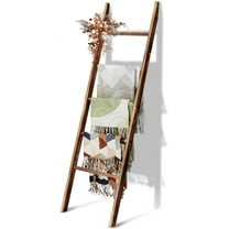 5-Tier Blanket Ladder Wooden, 5.3FT(63'') Blanket Quilt Towel Holder Rack Decorative Ladder, Easy Assembly, Rustic Farmhouse Ladder Shelf for The Living Room Bedroom Bathroom Home Decor, Brown