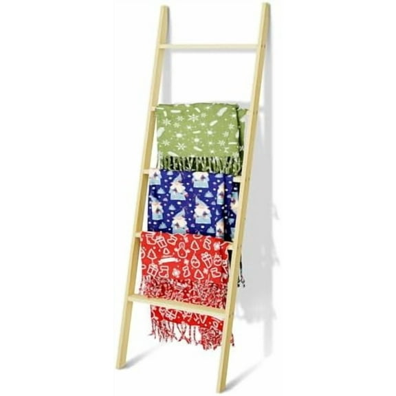 5-Tier Blanket Ladder Wooden, Non-Folding 4.8FT(57.5'') Blanket Towel Holder Rack Decorative Ladder, Easy Assembly, Rustic Farmhouse Ladder Shelf for The Living Room Bedroom Home Decor, Unfinished