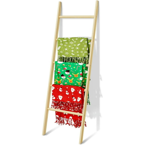 5-Tier Blanket Ladder Wooden, Non-folding 4.8FT(57.5'') Blanket Quilt Holder Rack Decorative Ladder, Easy Assembly, Rustic Farmhouse Ladder Shelf for The Living Room Bedroom Home Decor, Natural
