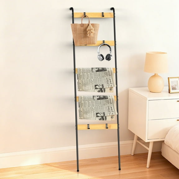 5-Tier Blanket Ladder with 10 Hooks, Wall-Leaning Bamboo & Metal Storage Rack for Living Room, Bathroom, Bedroom, Towel Scarf Organizer, Black