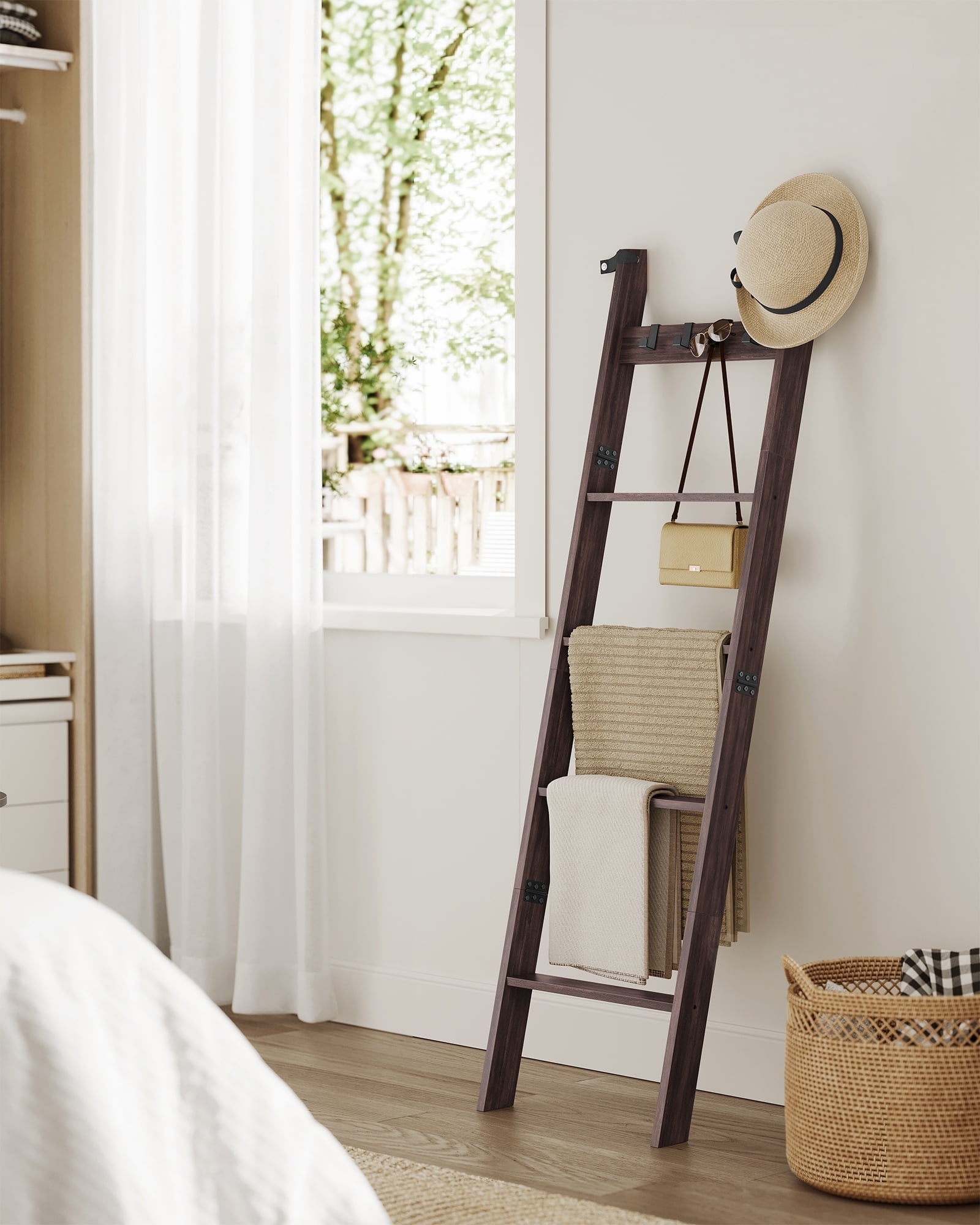 5-Tier Blanket Ladder with Hooks, Rustic Farmhouse Storage Shelf