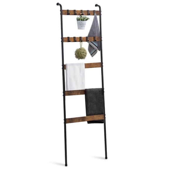 5 Tier Blanket Ladders for Living Room, Towel Ladder for Bathroom with 10 Removable Hooks, Wall Leaning Quilt Rack for Bedroom Display, Rustic Brown