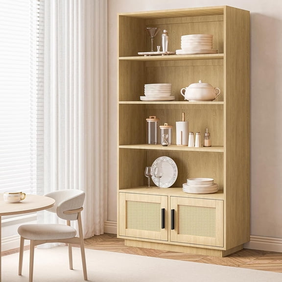 5-Tier Boho Wooden Bookcase with Rattan Doors – Tall Farmhouse Storage Shelf, Durable MDF with Woven Rattan Accent for Living Room, Bedroom & Home Office, Oak