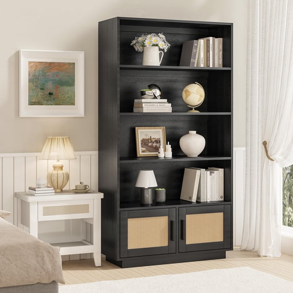 5-Tier Boho Wooden Bookcase with Rattan Doors – Tall Bookshelf with Storage for Living Room, Bedroom, Home Office and Kitchen