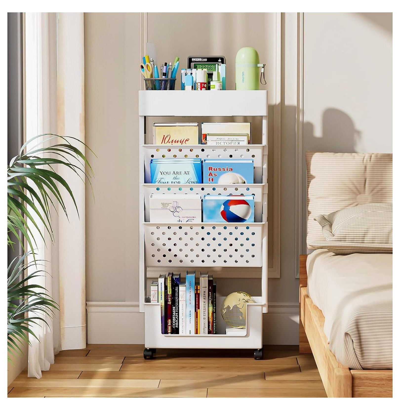Rolling Library Book Rack 5 Tier Book Rack Storage Book Shelf,Mobile Rolling cart with Wheels ...