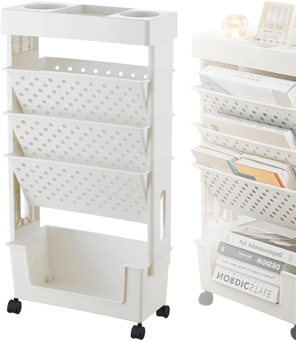 5 Tier Book Rack Storage, Rolling Small Bookshelf for Small Spaces with ...