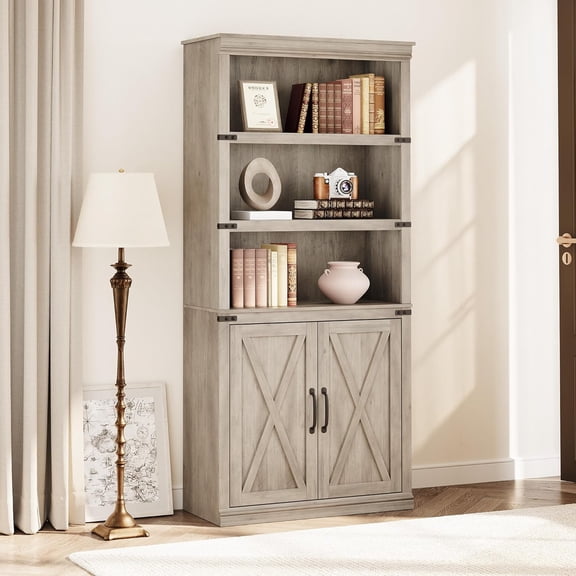 5 Tier Book Shelf, Farmhouse Book Case with Cabinet, 68.7" Tall Book Shelf with Storage Doors, Wooden 5 Shelf Book Case for Home Office, Living Room, Bed Room