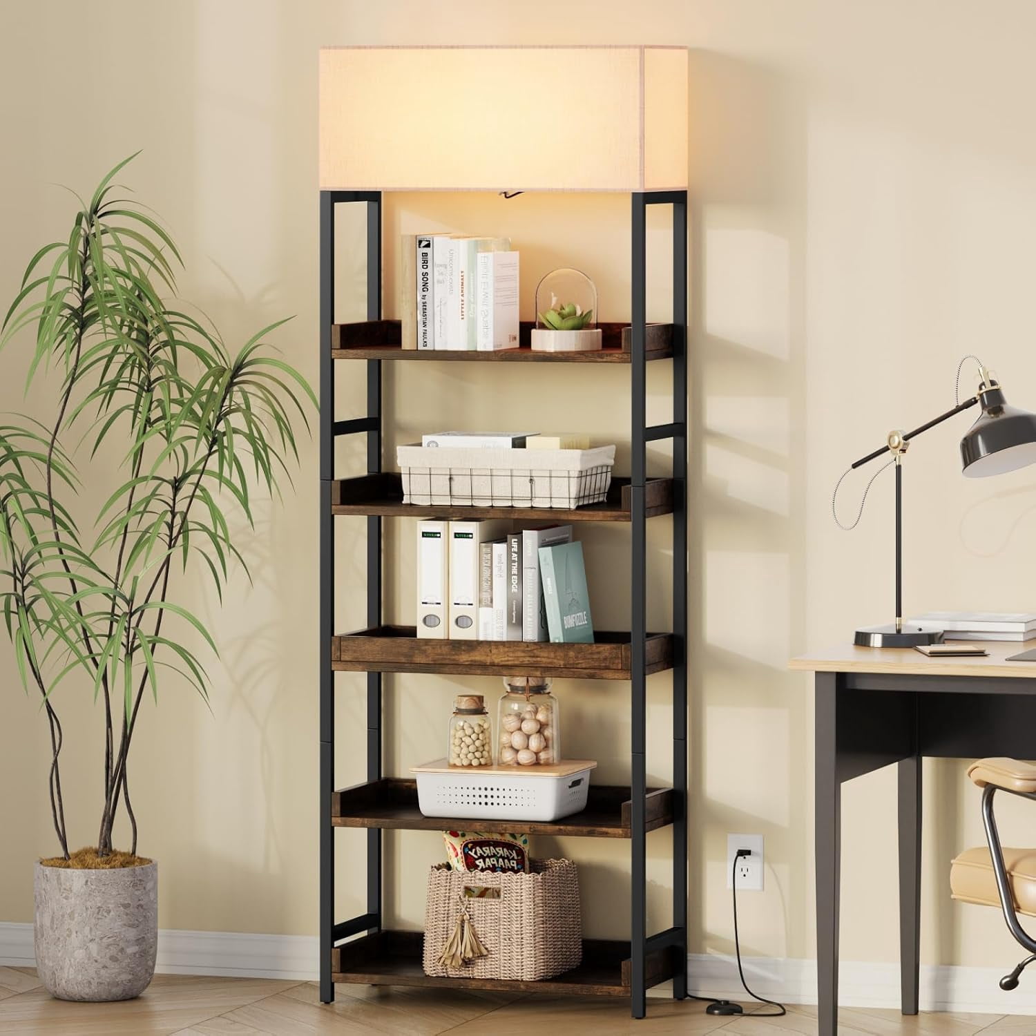 Image showcasing 5-Tier Book Shelf with LED Light, 76 Inch Tall Bookcase Shelf Storage ...