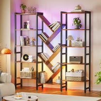 Triple 5-Tier Bookshelf with LED Lights for Living Room, 17 Open Shelves Large Bookcase with App Control RGB Light Strip, Modern Tree Design Storage Shelf with Metal Frame, Vintage
