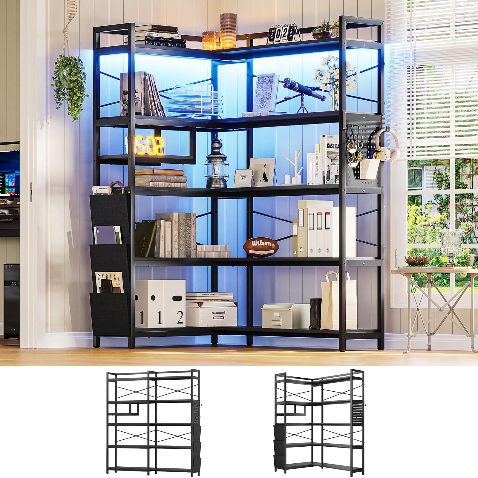 Black Adjustable 5-Tier Corner Bookshelf with LED Lights