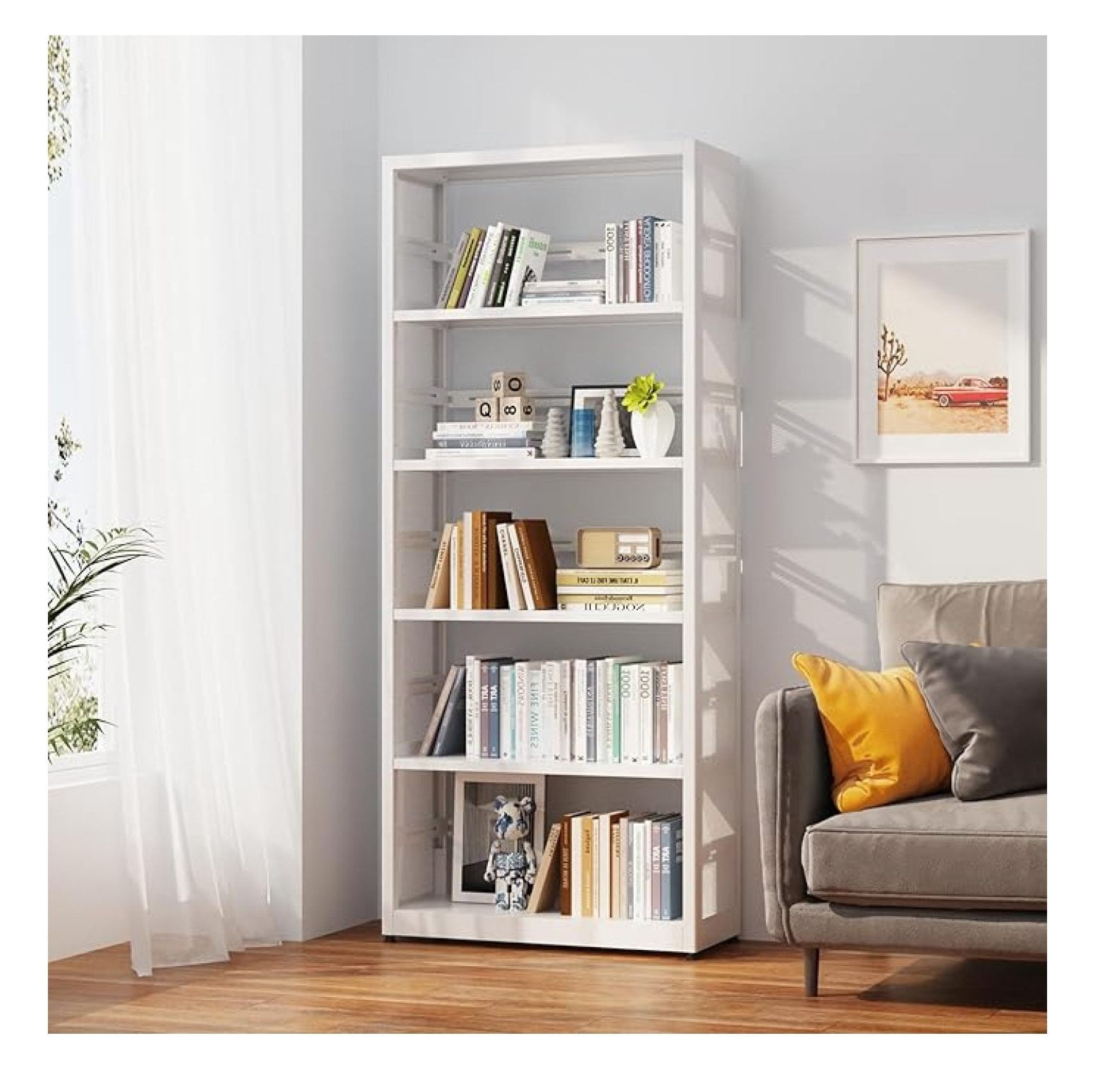 5 Tier Bookcase with 4 Adjustable Shelves,Metal Storage Shelves,White ...