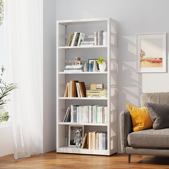 5 Tier Bookcase with 4 Adjustable Shelves,Metal Storage Shelves,White Tall Bookshelf Display Shelf Unit Pantry Shelving,Standing Shelves for Livingroom,Classroom,Office