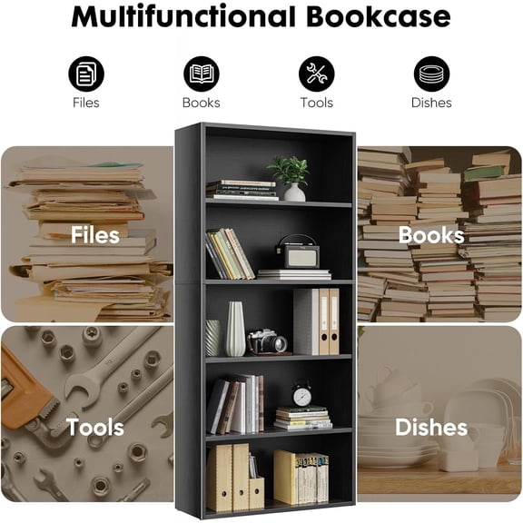 5-Tier Bookcase, 53 Inch Industrial Storage Wall Shelf, Display Shelf for Living room, Bedroom, Black