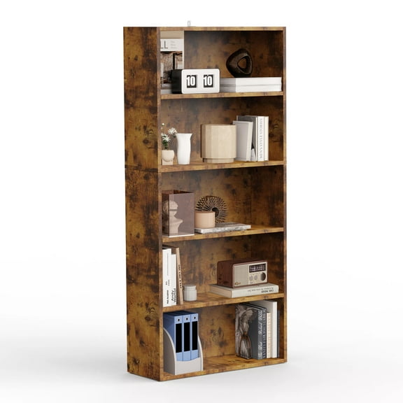 5-Tier Bookcase, 53" Tall Freestanding Bookshelf with Adjustable Shelves, Rustic Brown Wood Storage Organizer for Home Office, Living Room, Bedroom