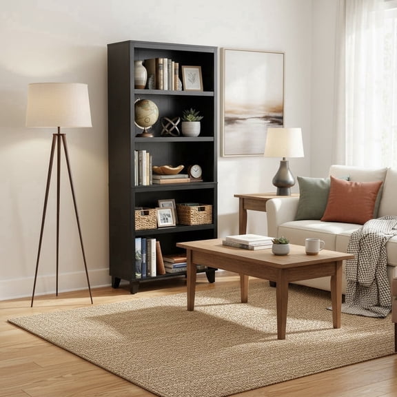5-Tier Bookcase with Adjustable Shelves,27.56"W x 11.83"D x 64.25"H Floor Standing Open Bookshelf with Wood Legs for Home Office, Living Room, and Bedroom Storage,Black
