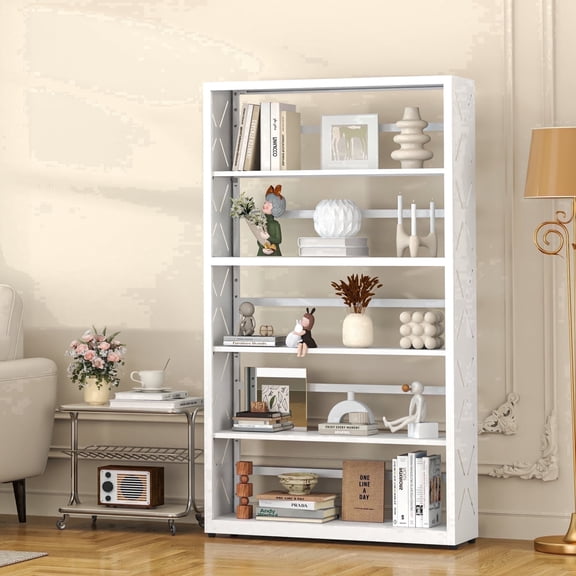 SteeLoong Adult Metal Bookshelf,5 Tier Wide Bookcase with Adjustable Shelves,White Large Display Shelves with Bookends