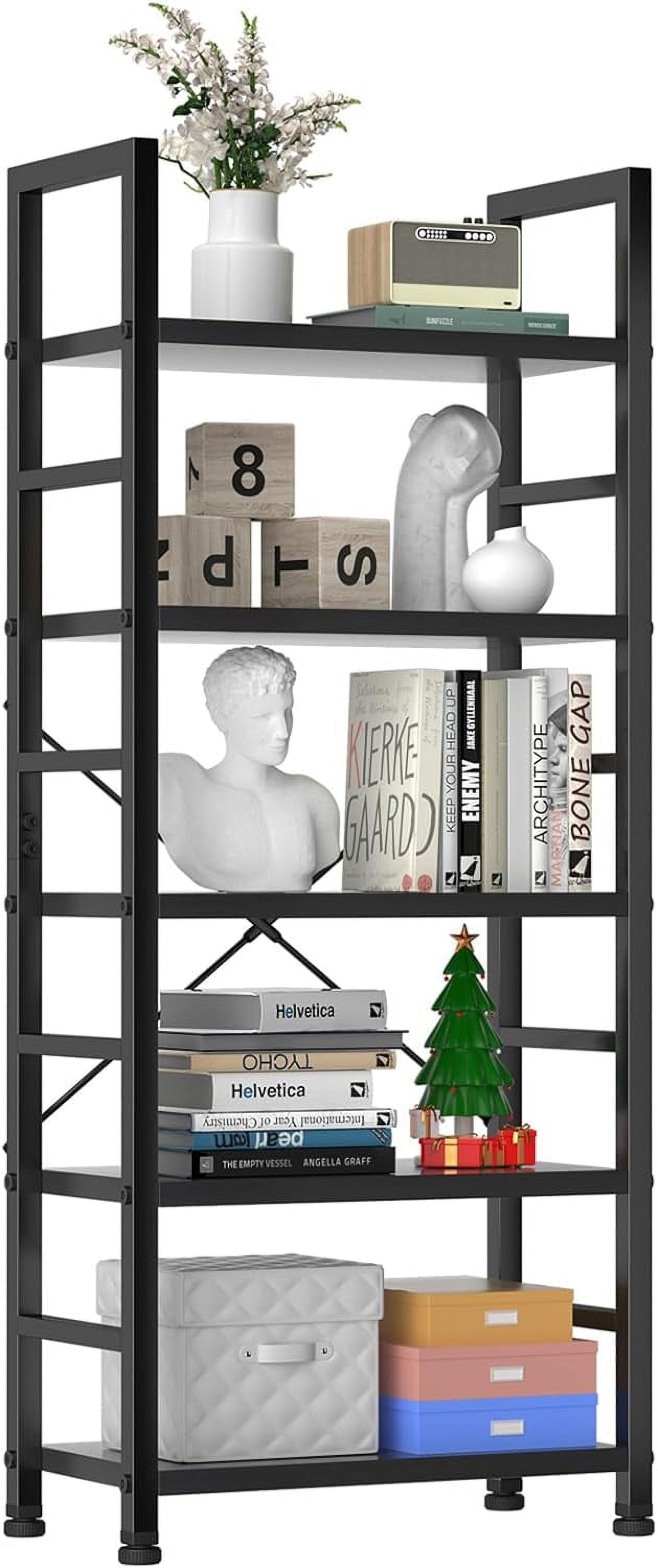 Black Metal and Wood 5-Tier Tall Corner Bookshelf