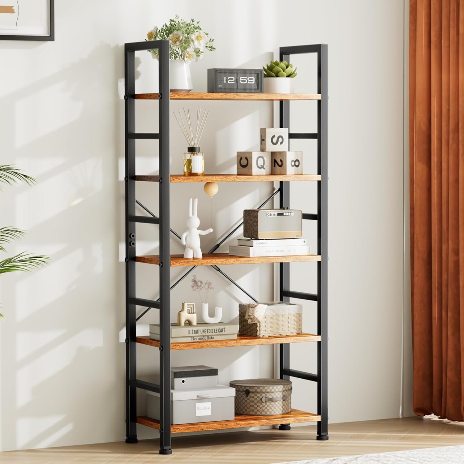 Modern Black Metal 5-Tier Corner Bookshelf