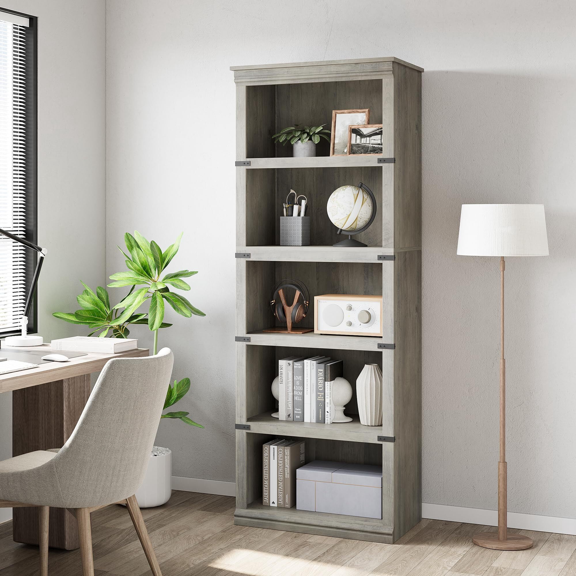5 Tier Bookcase, Farmhouse Book Shelf with Storage Open Display ...
