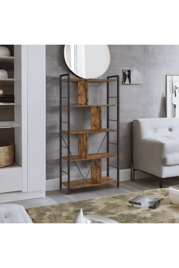 5-Tier Bookcase, Ladder Bookshelf, Display Shelf with Open Compartments for Home Office,Rustic Brown