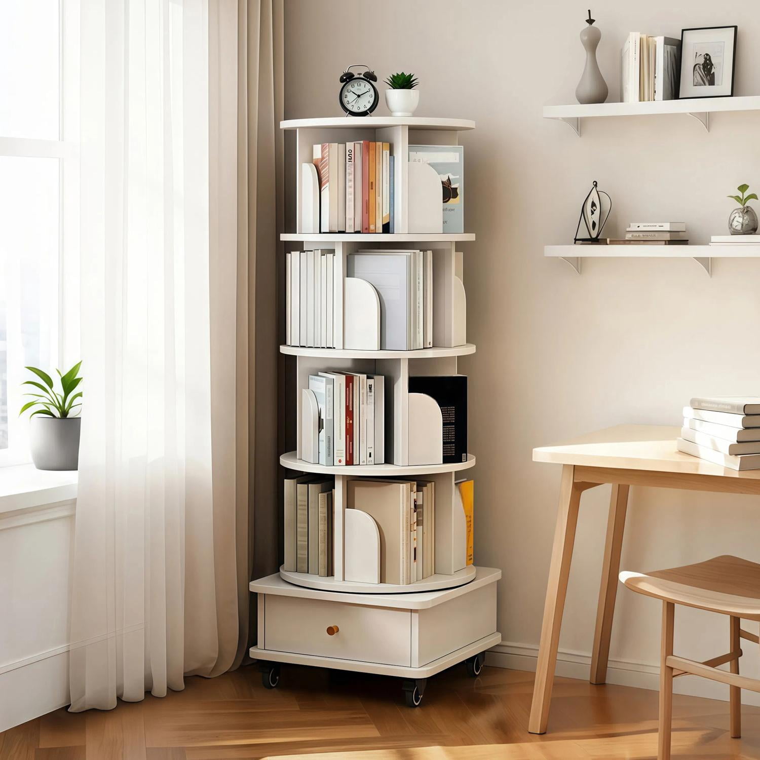 5 Tier Bookcase Storage, 360° Display Round Rotating Bookshelf with Wheels and Drawer forSmall Space, Bedroom, Living Room, Home, Office,White