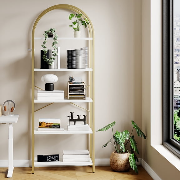 5 Tier Bookcase Storage, 70.87 Inch Large Tall Floor Standing Open Bookshelf for Home Office, Living Room, and Bedroom, Gold