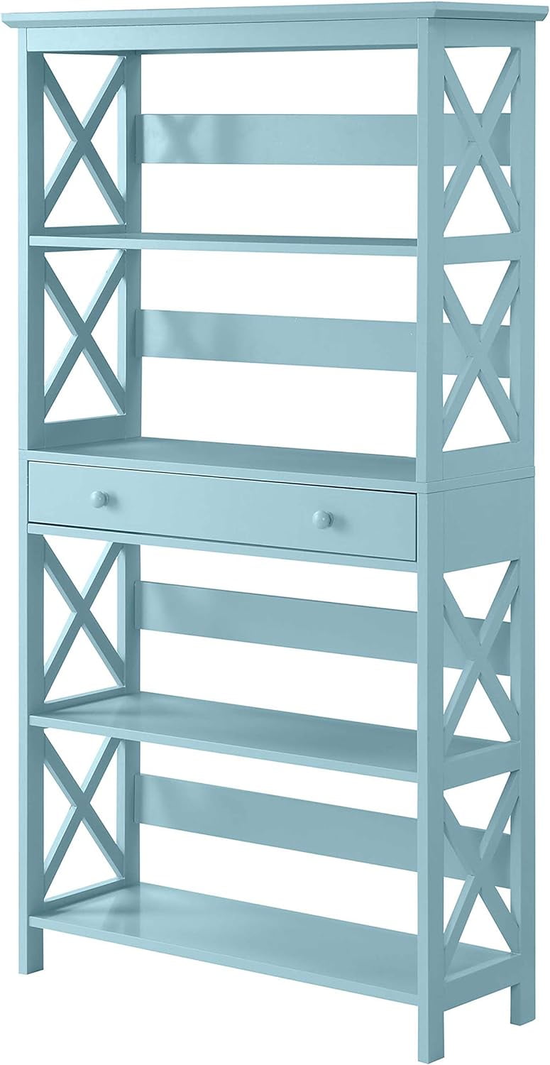 Sea Foam Blue 5-Tier Wooden Bookcase with Concealed Drawer