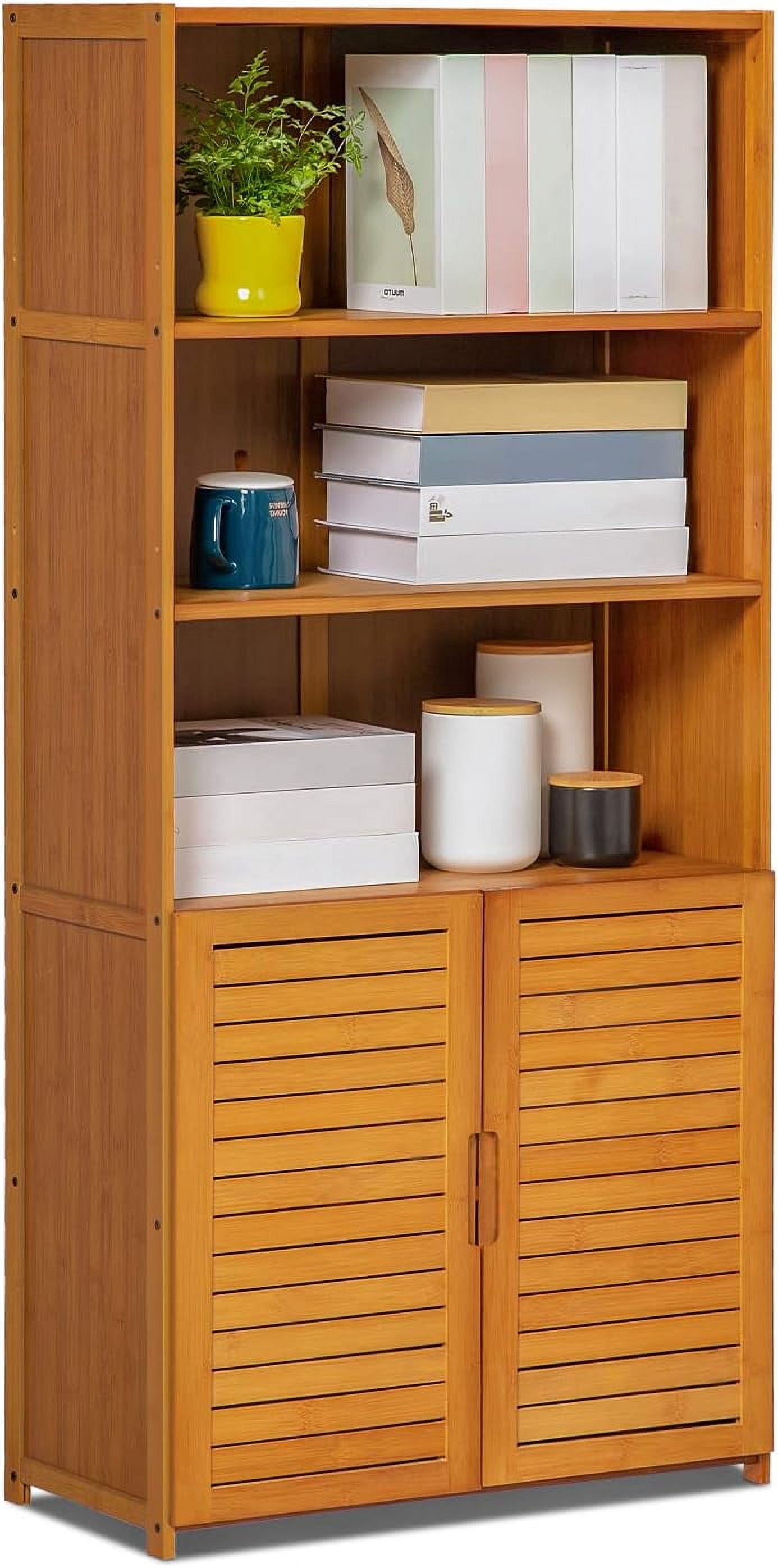 5 Tier Bookcase With Shutter Doors Bamboo Standing Display Shelf ...