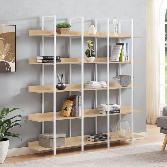 5-Tier Bookcase, 70" Tall Wood Display Shelf with Adjustable Foot Pad, Large Freestanding Open Storage Shelving Unit, for Living Room, Home Office