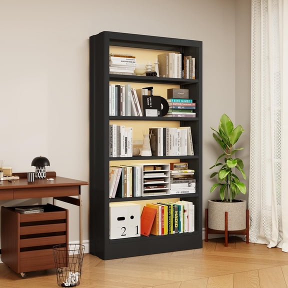 Hanyu 5-Tier Bookcase and Bookshelf,71" Tall Black Metal Bookcase with Adjustable Shelves, Wide Book Shelves for Library, Living Room, Home Office