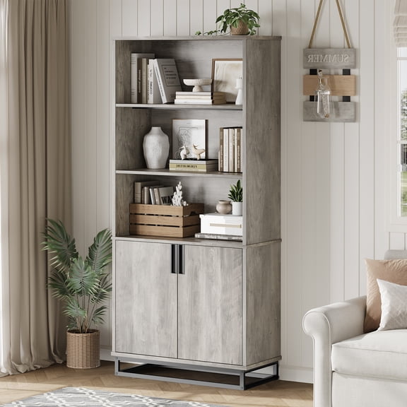 5 Tier Bookcase with Adjustable Shelves and Doors, Modern Bookcase with Cabinet and Adjustable Shelf for Living Room Office