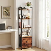 5 Tier Bookcase with Fabric Drawer, Multi-Functional Display Tall Bookshelf, Sturdy Storage Organizerfor Home Office, Brown