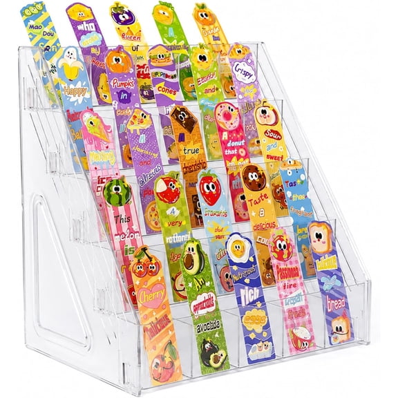5 Tier Bookmark Display Stand with 25 Pockets, Clear Vendor Display Rack for Bookmarks, Stickers, Greeting Cards, Business Cards, Portable Countertop Organizer for Craft Fairs, Retail Stores, Vendors