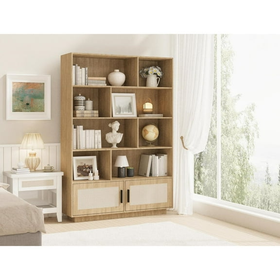 5 Tier Bookself, Home Office Boho Bookcase with Rattan Doors, Wooden Bookcase and Bookshelf with Storage, Tall Book Stand, Large Bookshelf for Living Room, Bedroom, Home Office, Kitchen